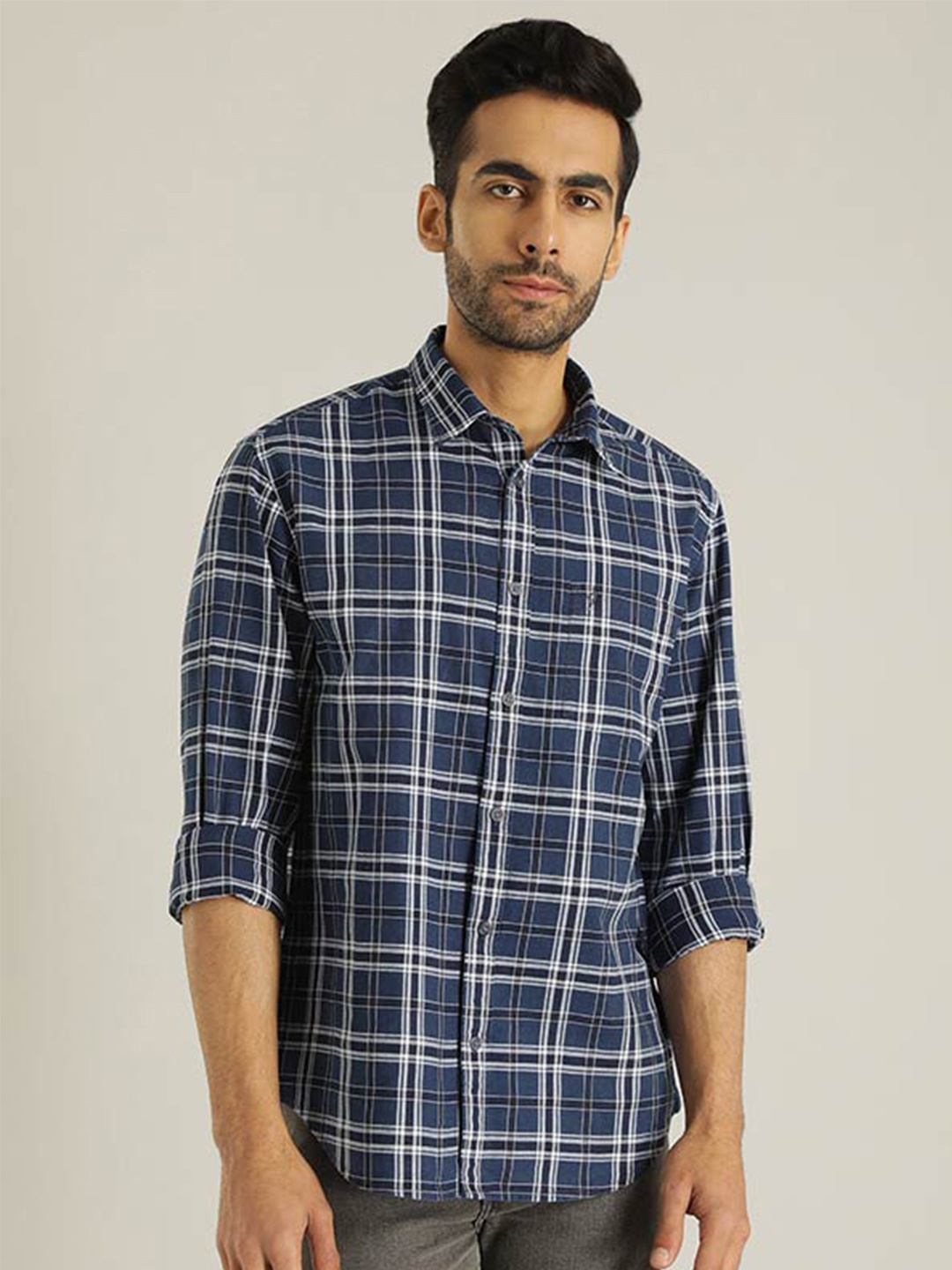 

Indian Terrain Chiseled Slim Fit Tartan Checked Pure Cotton Shirt, Blue