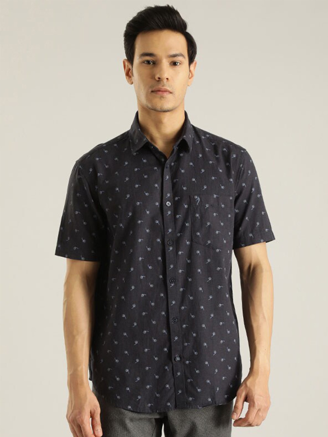 

Indian Terrain Chiseled Slim Fit Printed Pure Cotton Shirt, Navy blue