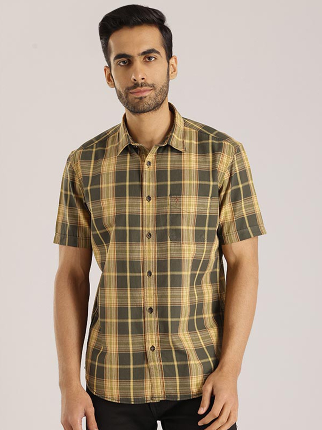 

Indian Terrain Chiseled Fit Slim Fit Tartan Checks Cotton Casual Shirt, Olive