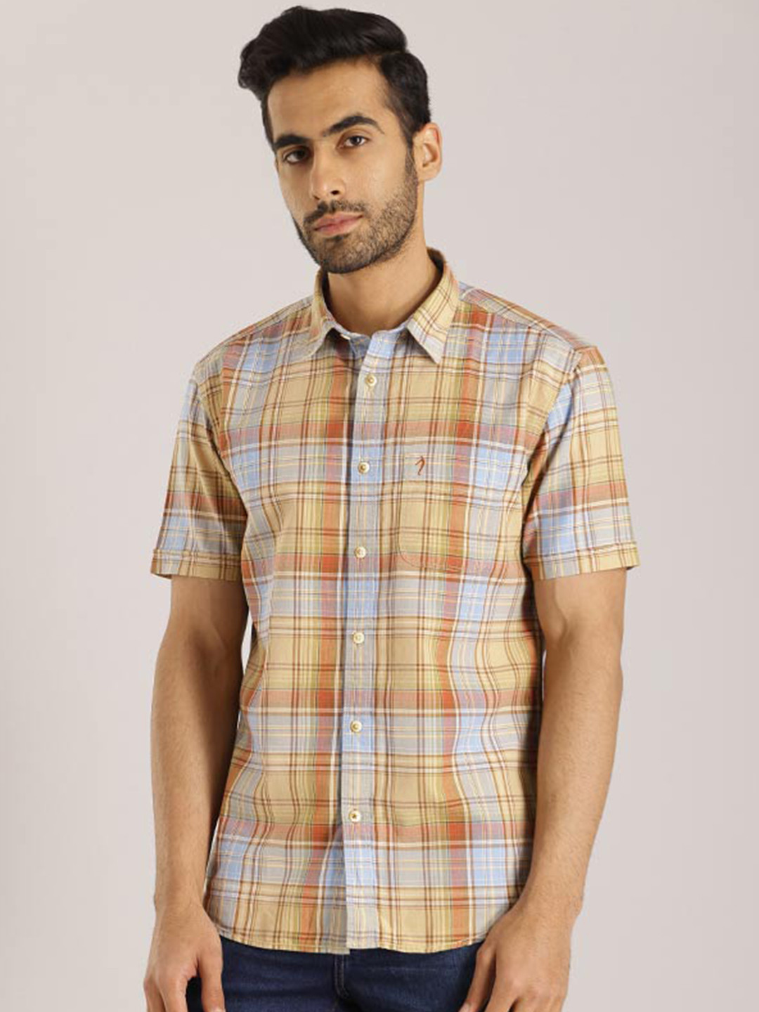 

Indian Terrain Tartan Checks Chiseled Fit Slim Fit Pure Cotton Casual Shirt, Khaki