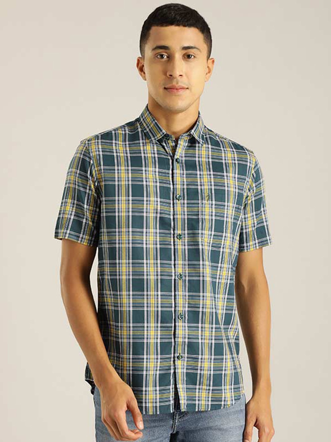 

Indian Terrain Chiseled Fit Slim Fit Tartan Checks Pure Cotton Casual Shirt, Teal