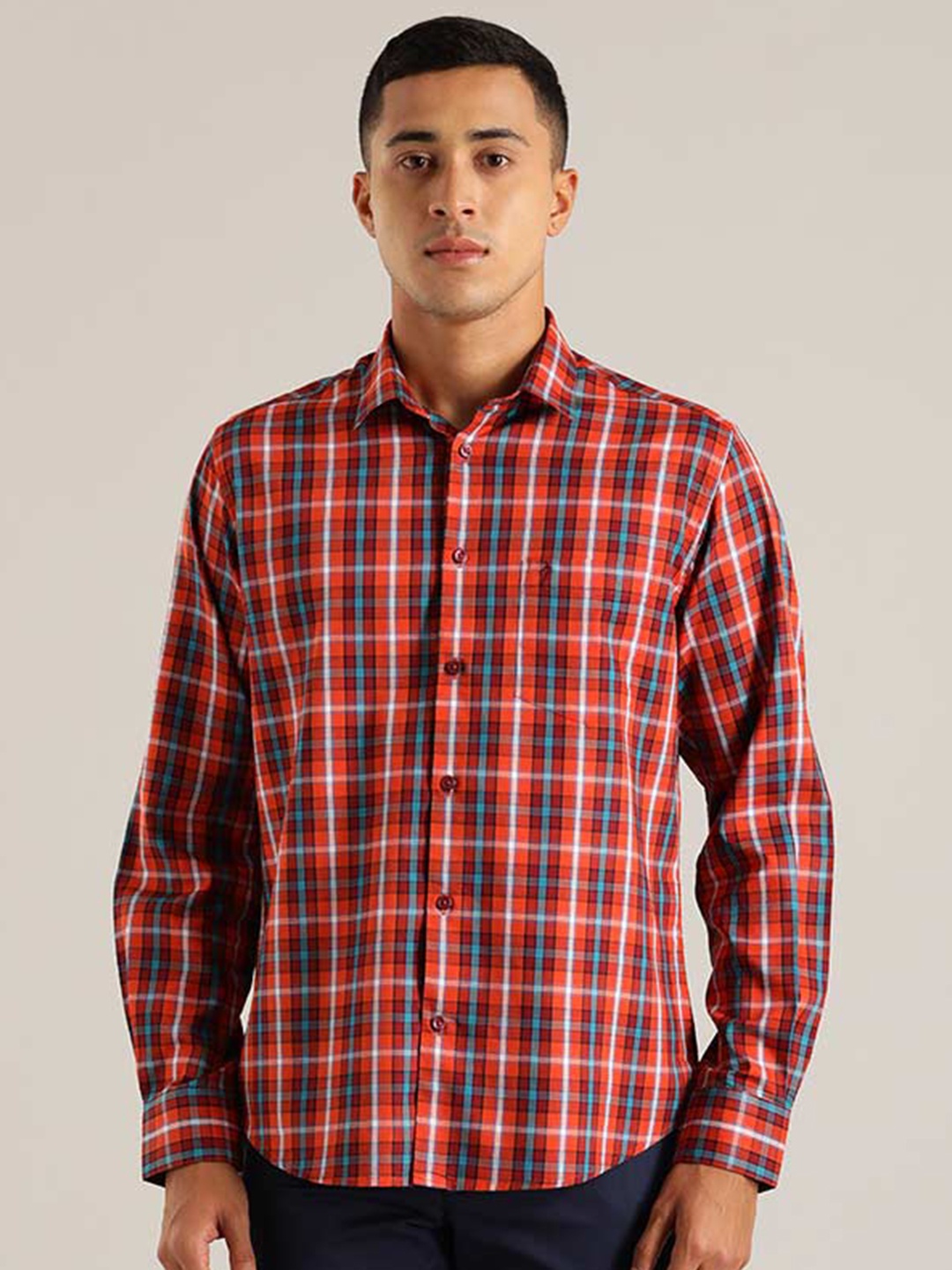 

Indian Terrain Chiseled Slim Fit Tartan Checks Pure Cotton Casual Shirt, Orange