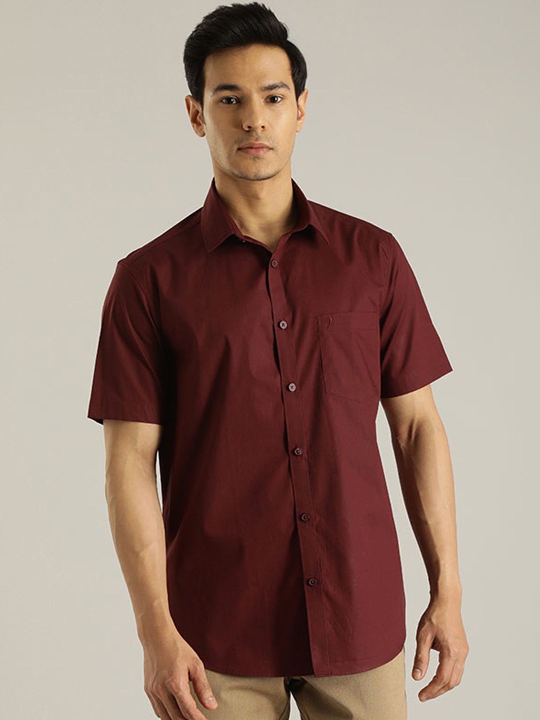 

Indian Terrain Chiseled Slim Fit Pure Cotton Shirt, Burgundy