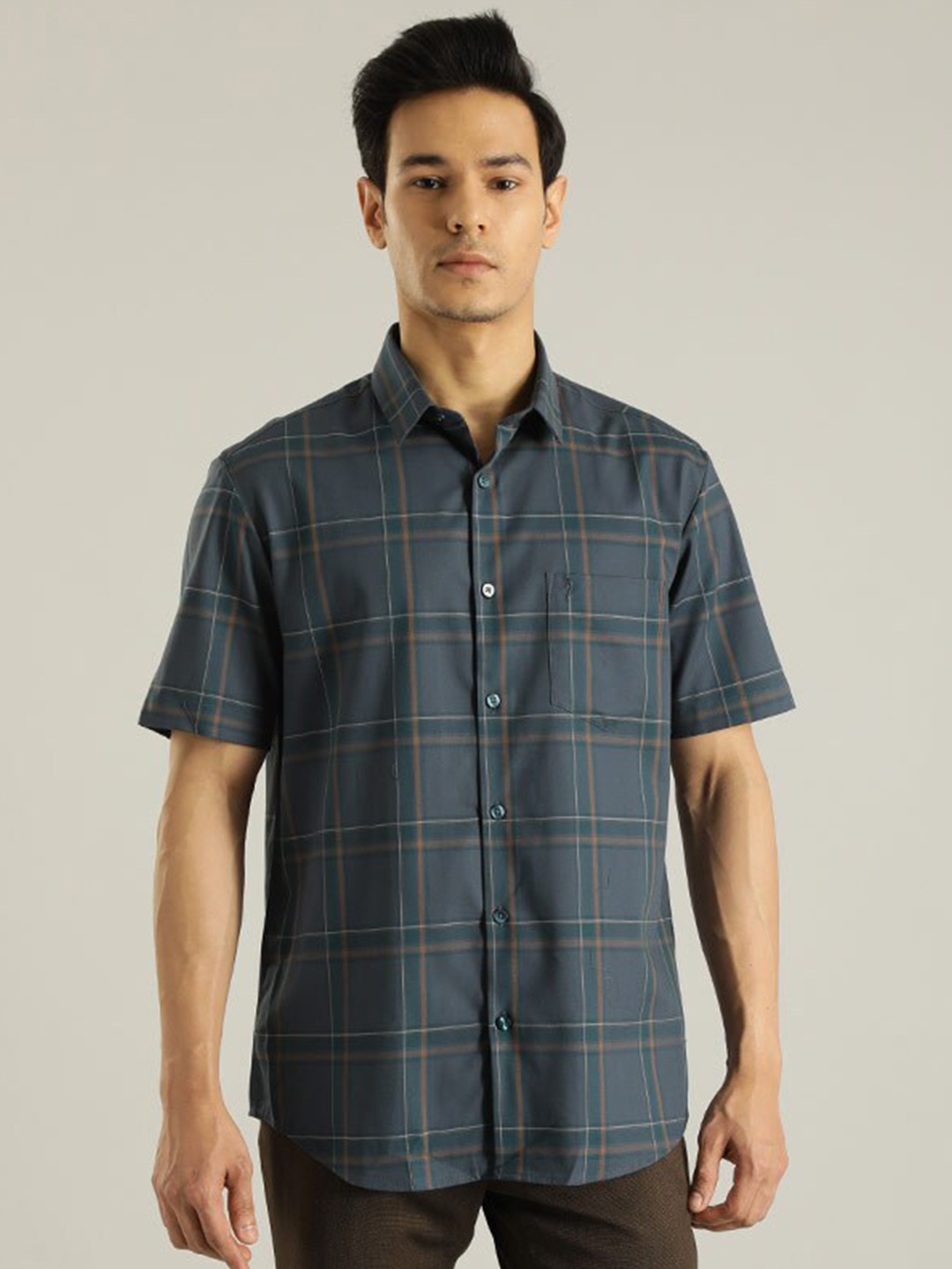 

Indian Terrain Chiseled Slim Fit Tartan Checked Pure Cotton Shirt, Blue