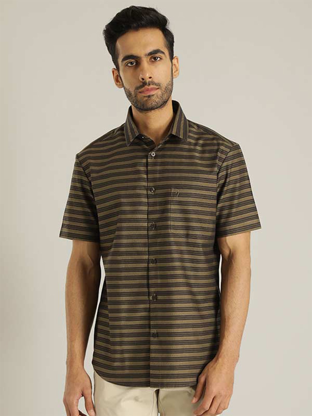 

Indian Terrain Chiseled Slim Fit Horizontal Striped Cotton Shirt, Brown