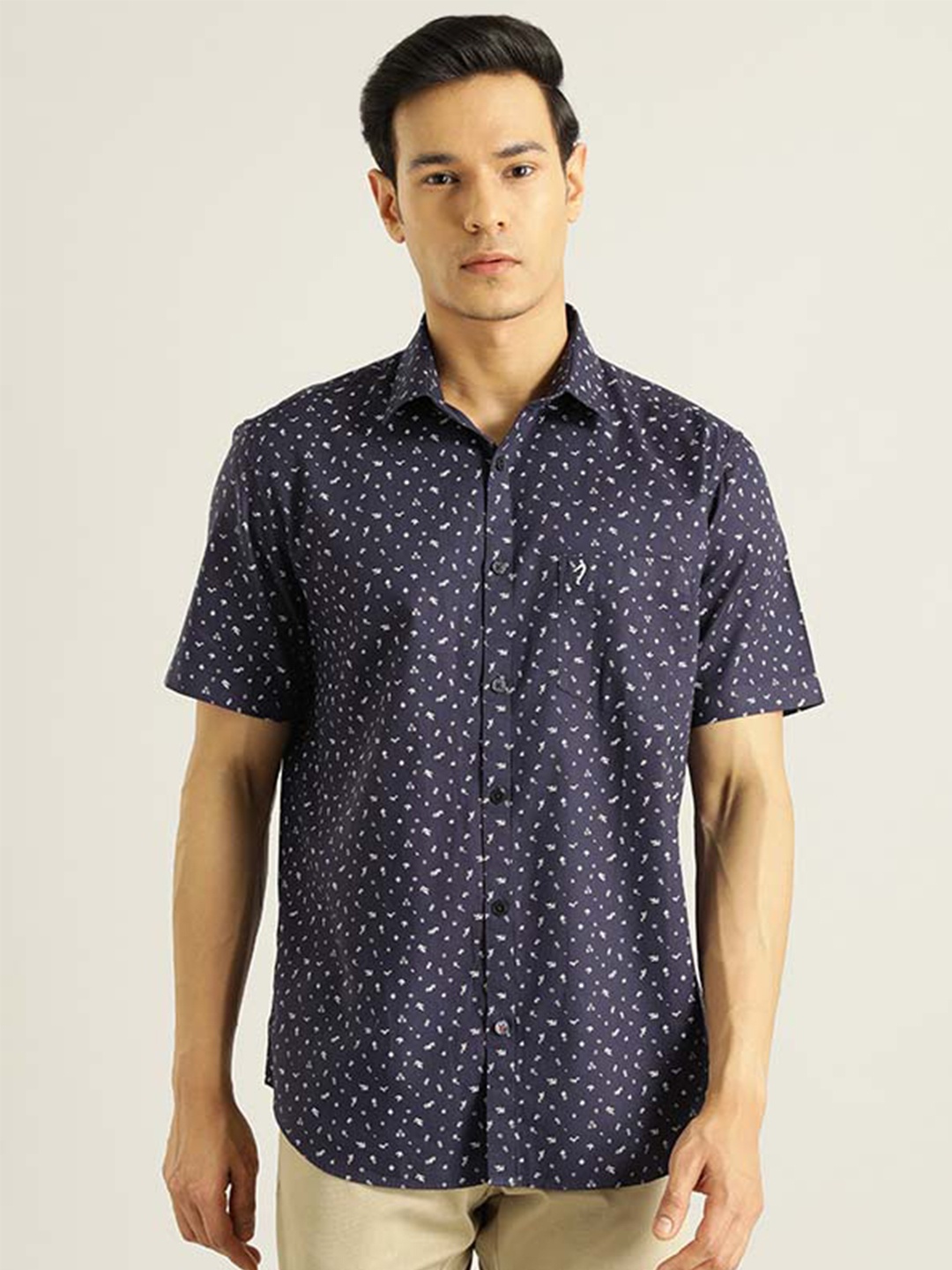 

Indian Terrain Chiseled Slim Fit Opaque Floral Printed Pure Cotton Casual Shirt, Navy blue