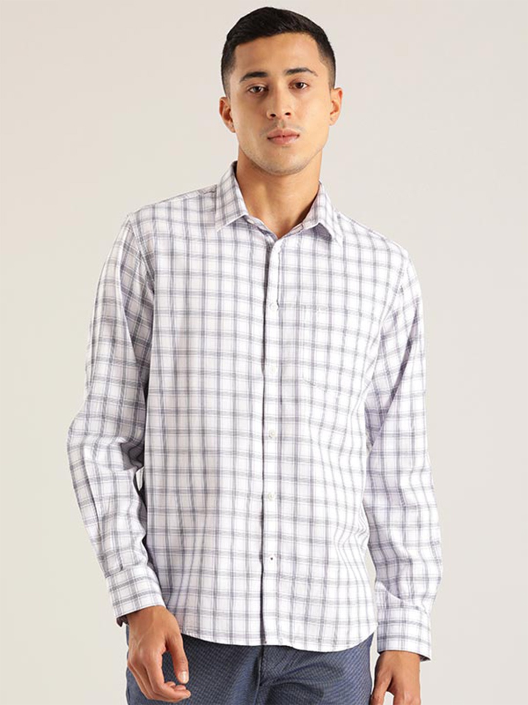 

Indian Terrain Chiseled Slim Fit Grid Tattersall Checked Pure Cotton Casual Shirt, White