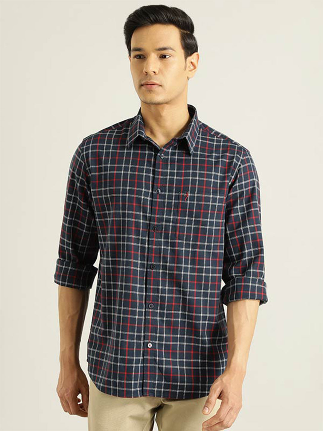 

Indian Terrain Chiseled Slim Fit Tartan Checked Pure Cotton Casual Shirt, Navy blue