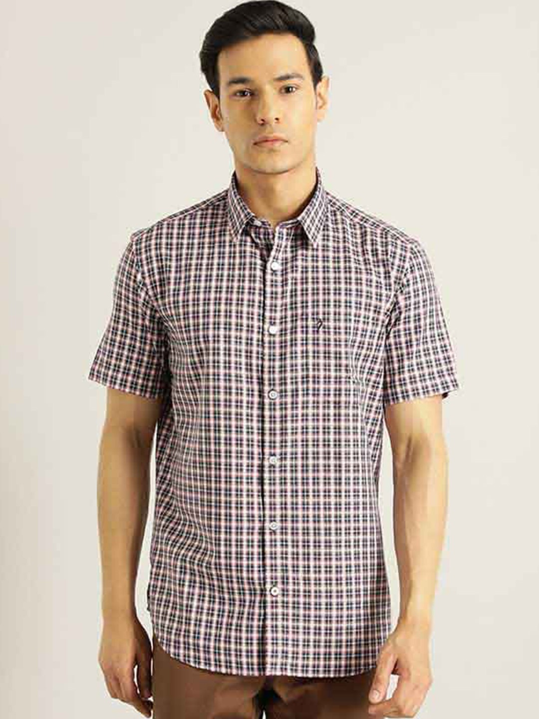 

Indian Terrain Chiseled Tartan Checked Pure Cotton Slim Fit Casual Shirt, Navy blue