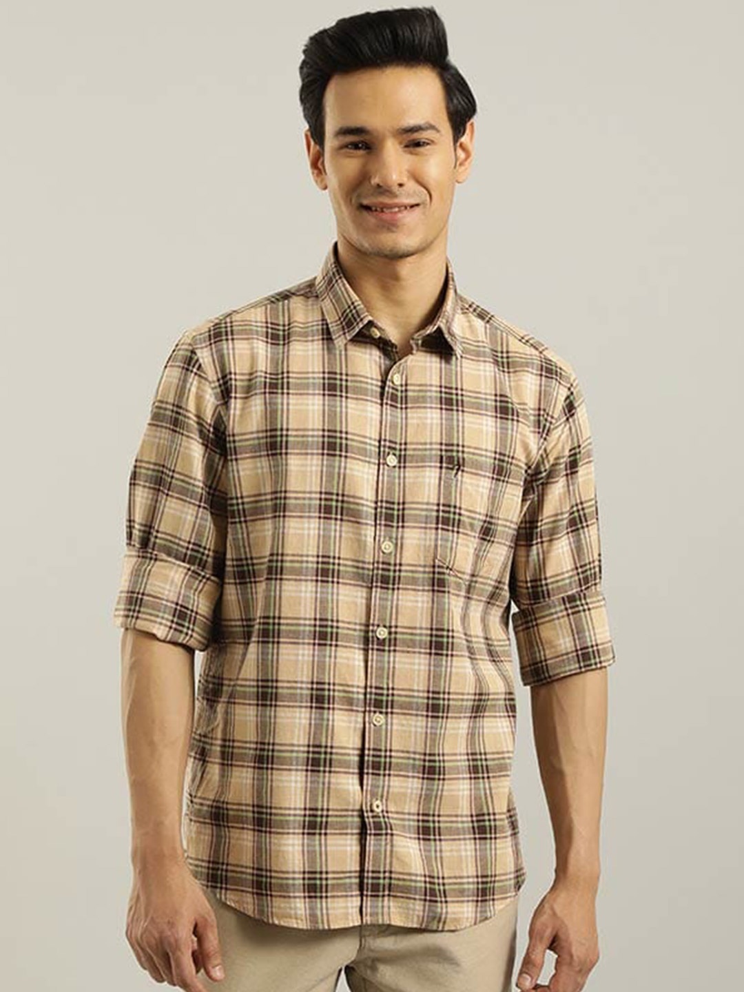 

Indian Terrain Chiseled Tartan Checked Pure Cotton Slim Fit Casual Shirt, Brown