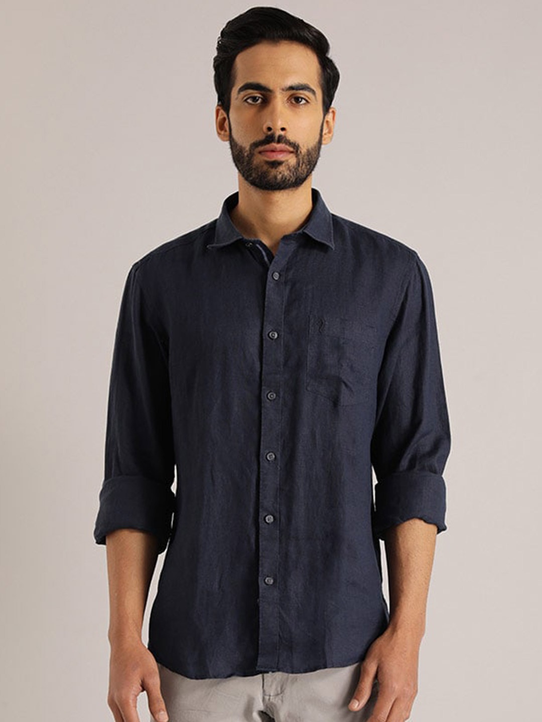 

Indian Terrain Chiseled Spread Collar Pure Cotton Slim Fit Casual Shirt, Navy blue