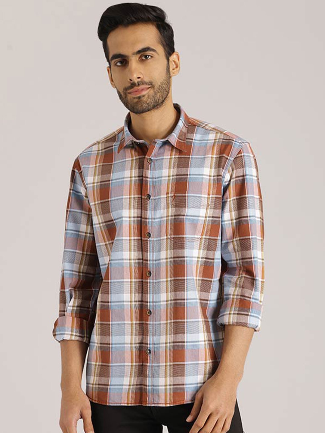 

Indian Terrain Chiseled Tartan Checked Pure Cotton Slim Fit Casual Shirt, Blue