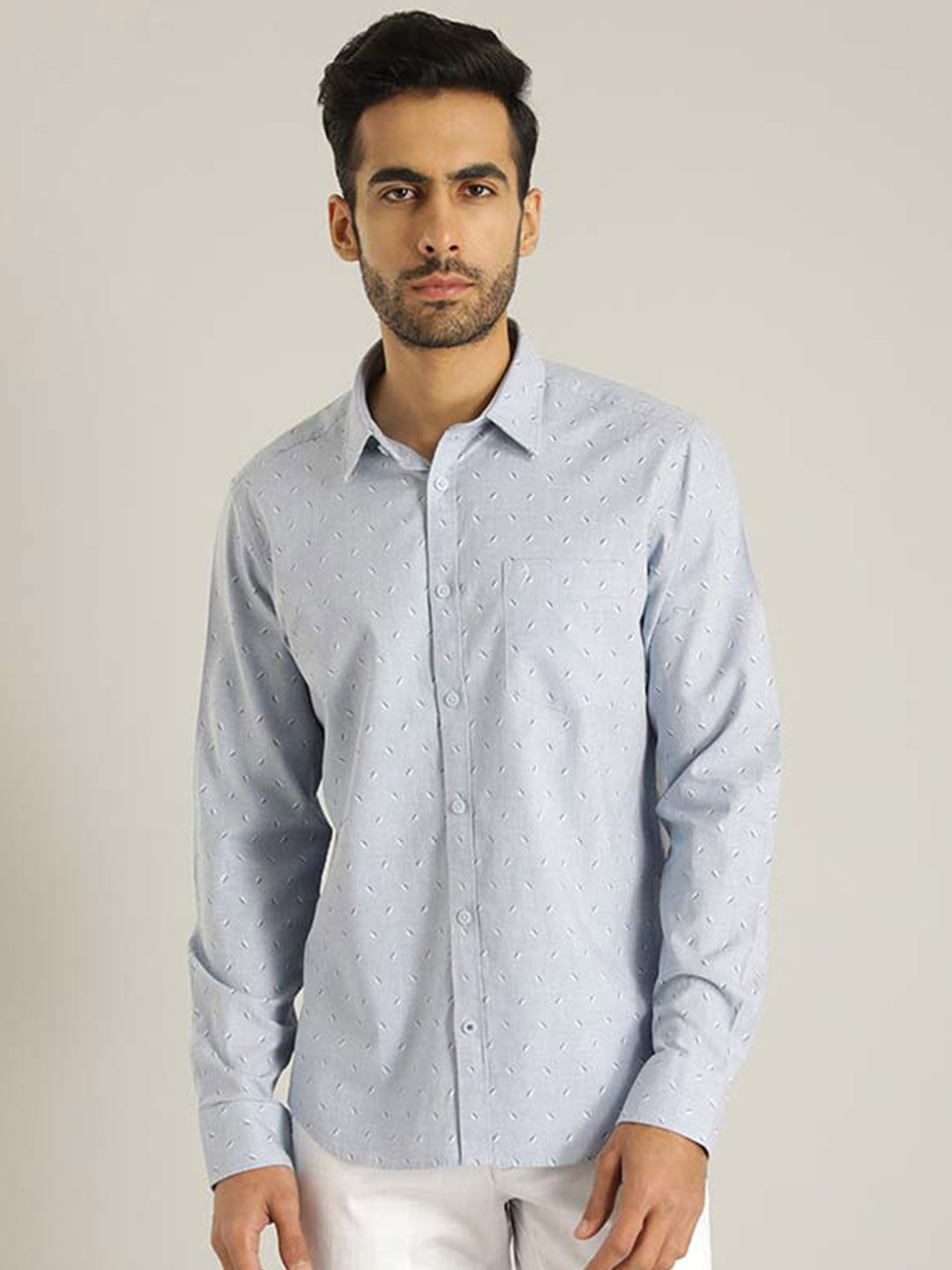 

Indian Terrain Chiseled Micro Ditsy Printed Pure Cotton Slim Fit Casual Shirt, Blue