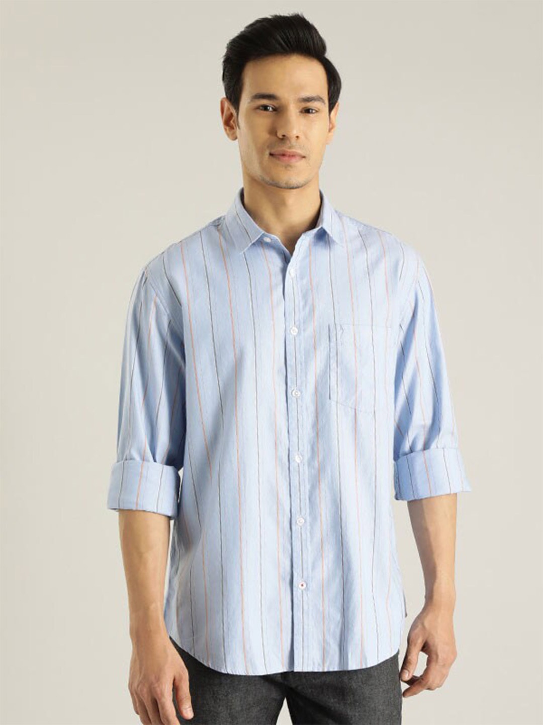 

Indian Terrain Chiseled Slim Fit Striped Pure Cotton Casual Shirt, Blue