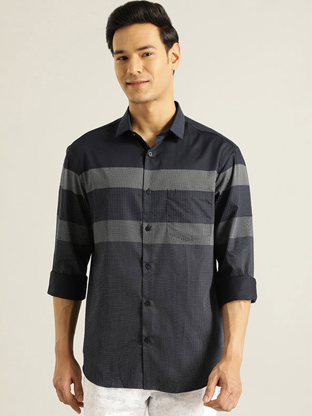 

Indian Terrain Chiseled Slim Fit Horizontal Stripes Pure Cotton Casual Shirt, Blue