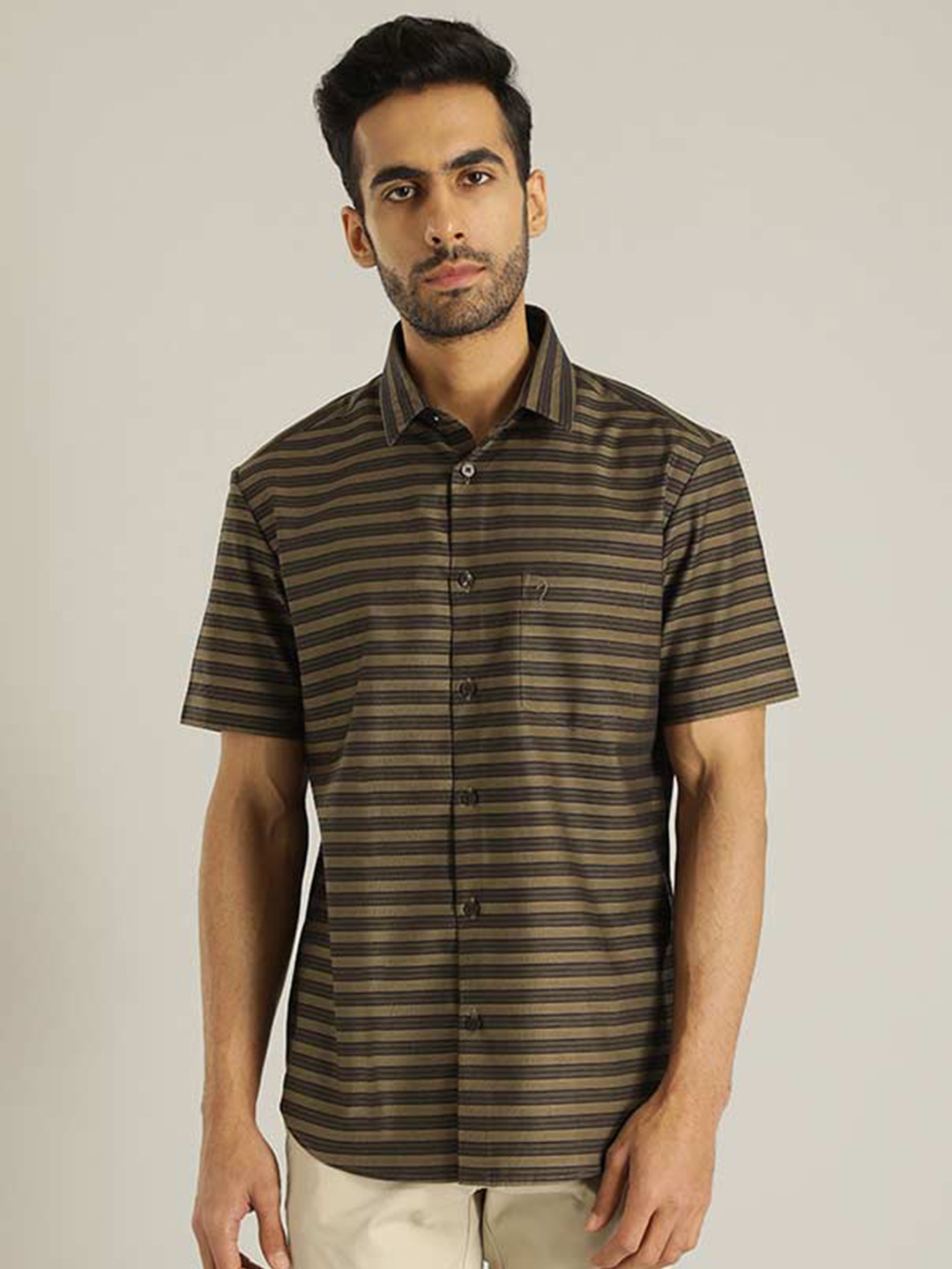 

Indian Terrain Chiseled Slim Fit Horizontal Striped Cotton Casual Shirt, Brown