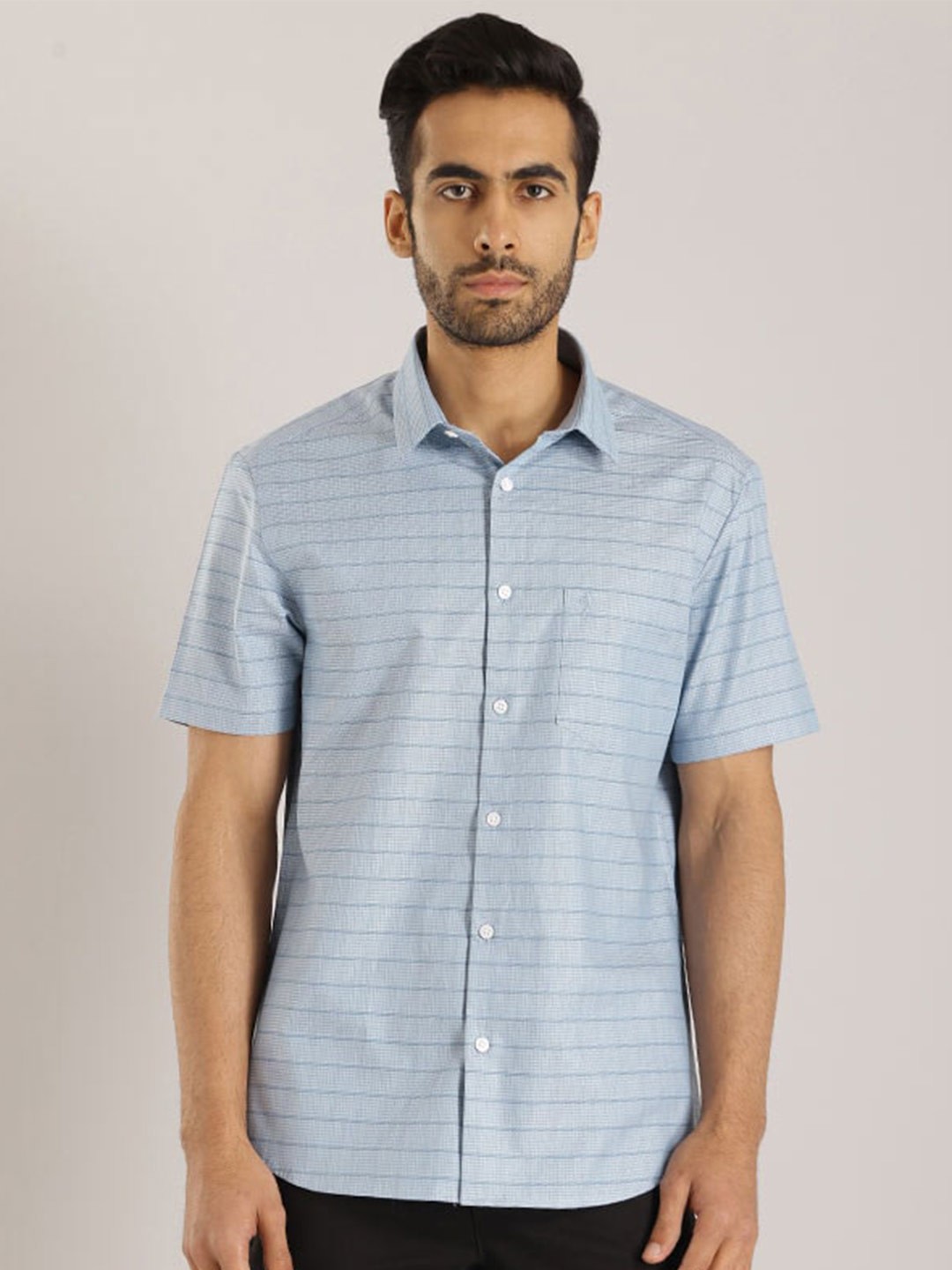 

Indian Terrain Chiseled Slim Fit Horizontal Stripes Pure Cotton Casual Shirt, Blue