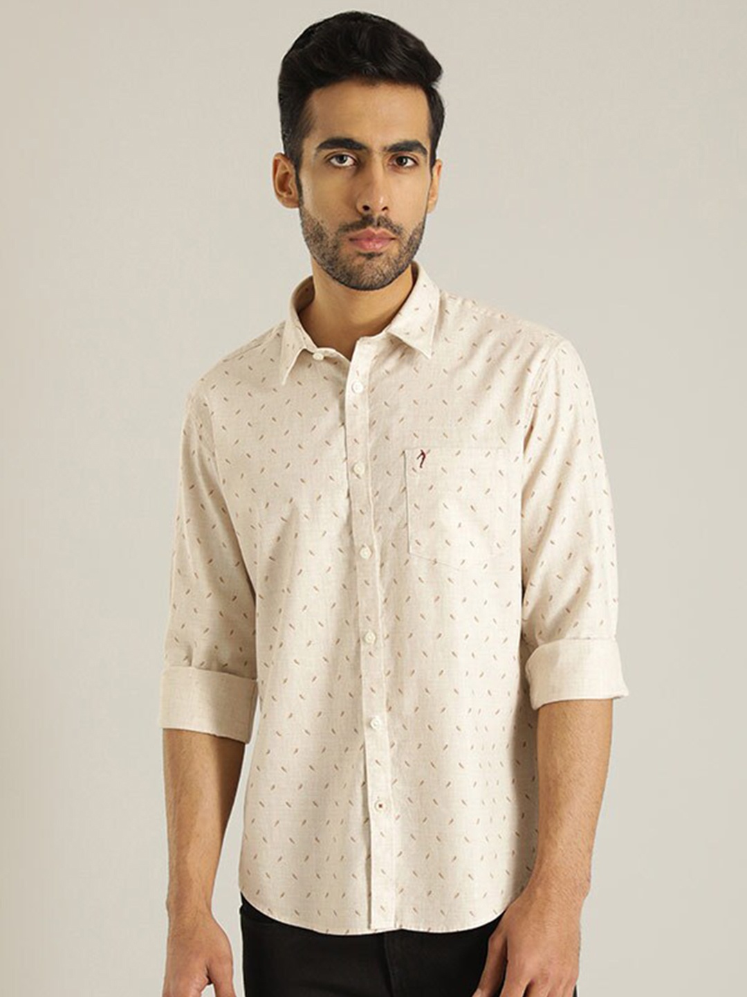 

Indian Terrain Chiseled Slim Fit Micro Ditsy Printed Pure Cotton Casual Shirt, Cream