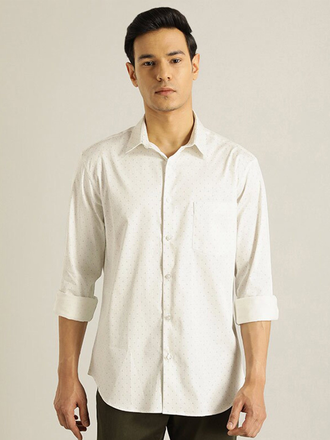 

Indian Terrain Chiseled Micro or Ditsy Printed Slim Fit Spread Collar Cotton Casual Shirt, White