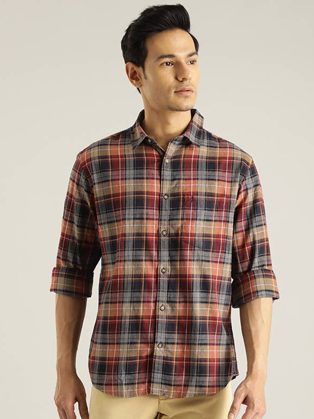 

Indian Terrain Chiseled Checked Slim Fit Spread Collar Cotton Casual Shirt, Red
