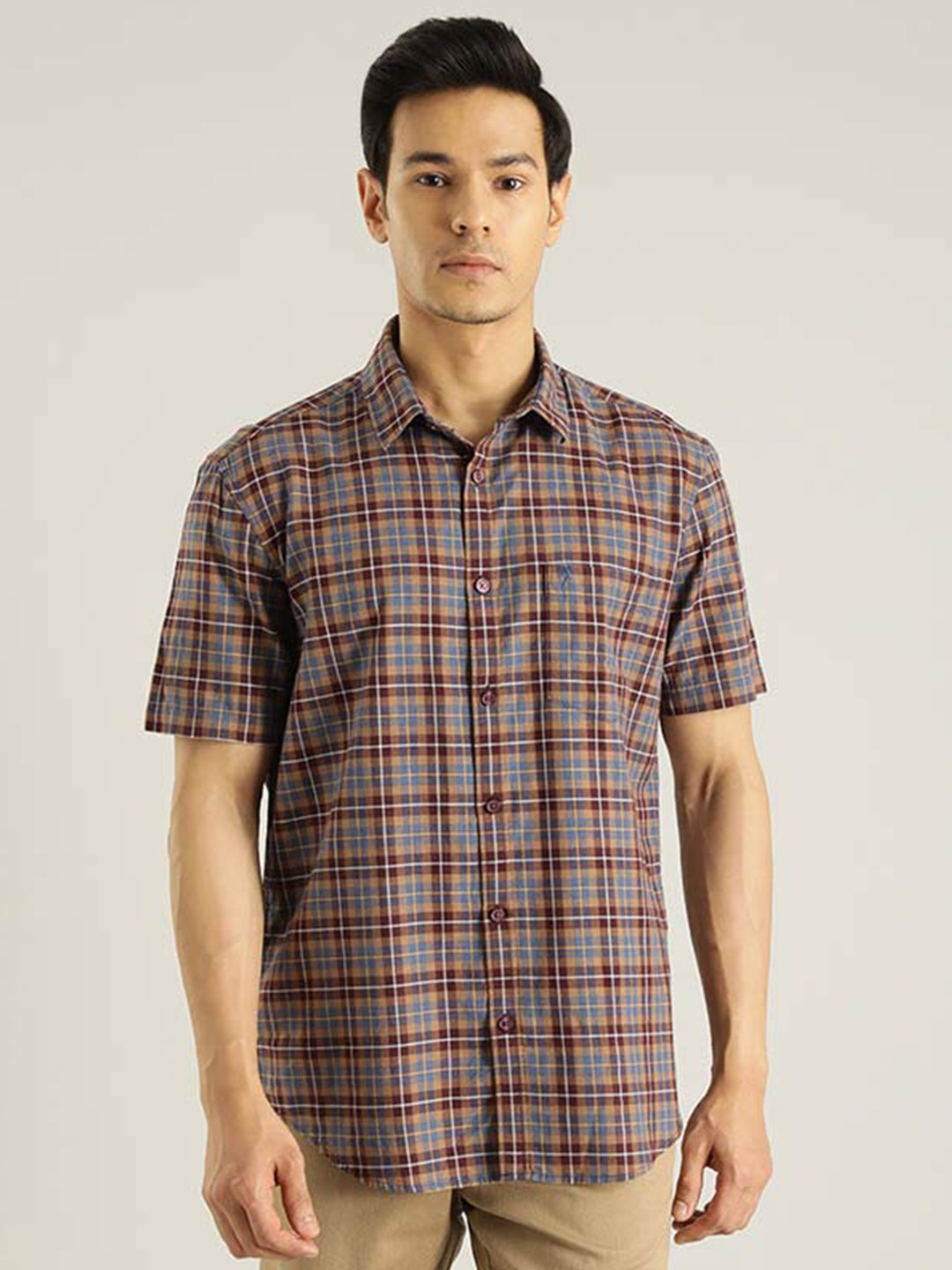 

Indian Terrain Chiseled Slim Fit Tartan Checked Pure Cotton Shirt, Blue