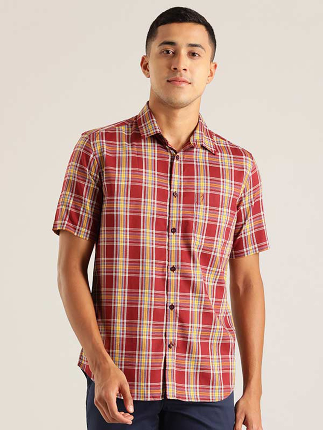 

Indian Terrain Chiseled Slim Fit Tartan Checked Casual Pure Cotton Shirt, Red