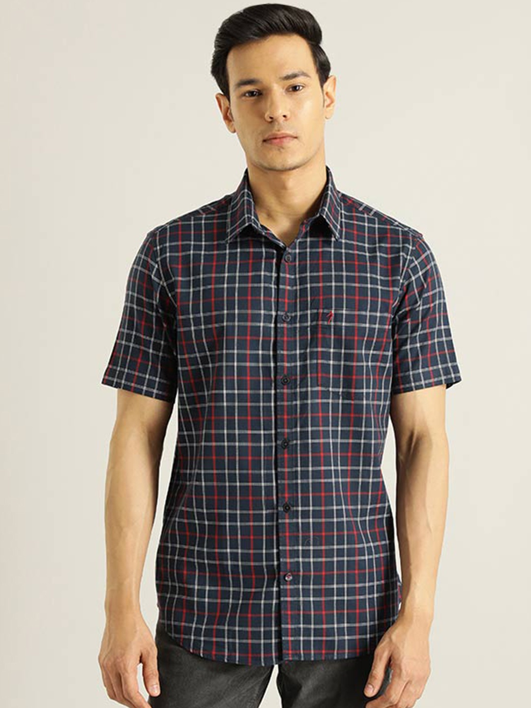 

Indian Terrain Chiseled Slim Fit Checked Cotton Casual Shirt, Navy blue