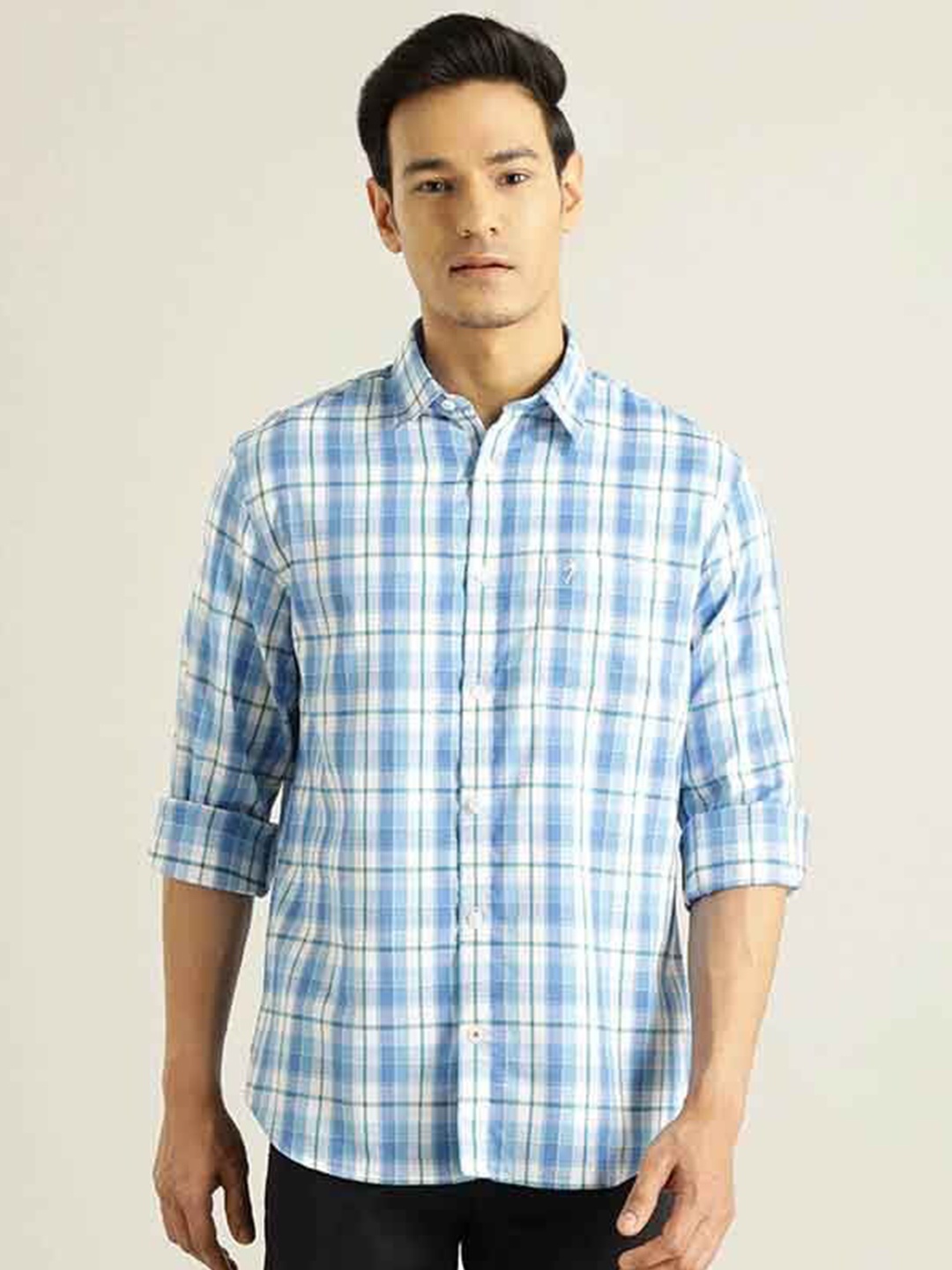 

Indian Terrain Men Tartan Checked Cotton Chiseled Slim Fit Opaque Casual Shirt, Blue
