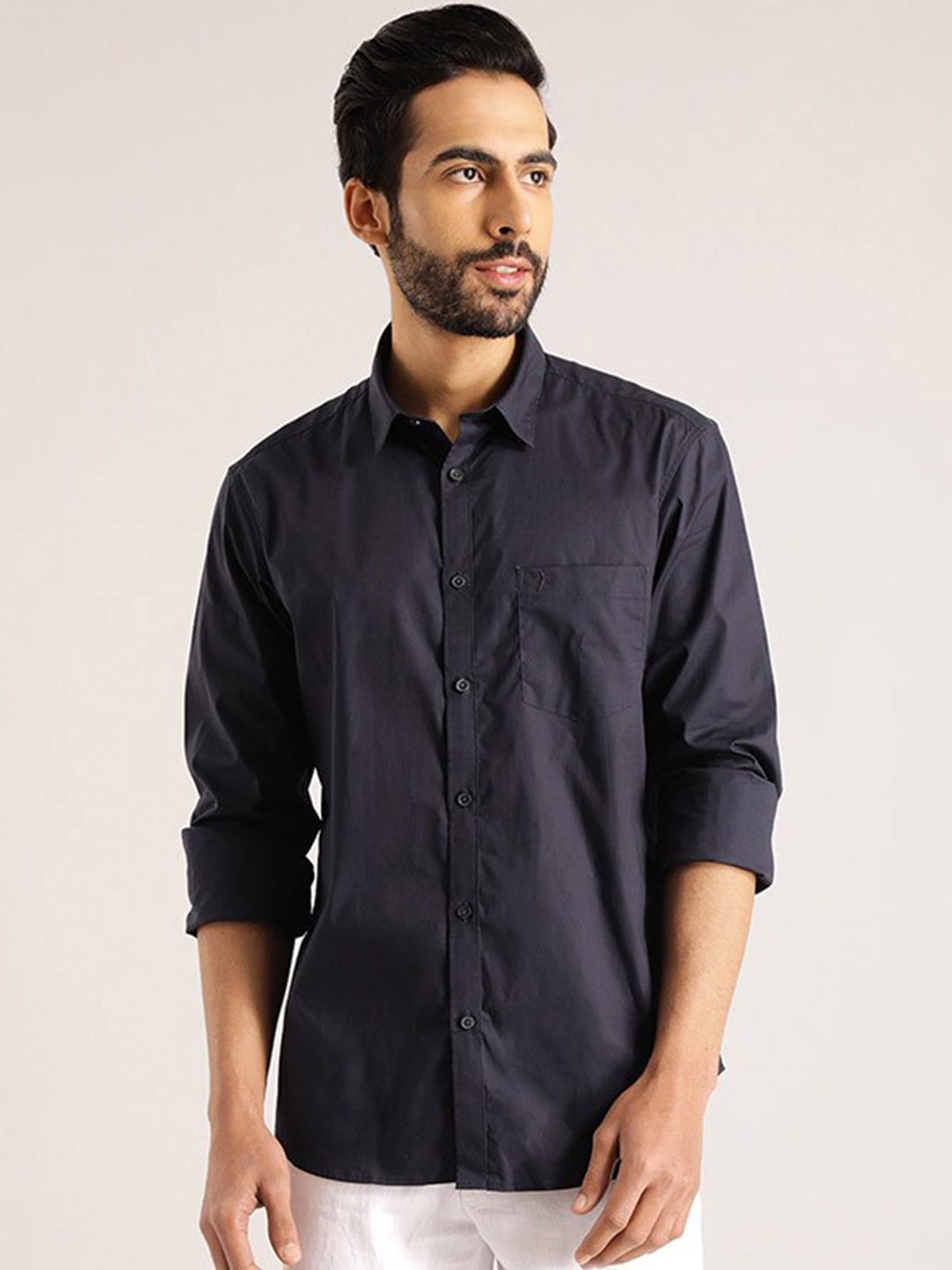 

Indian Terrain Chiseled Slim Fit Spread Collar Cotton Casual Shirt, Navy blue