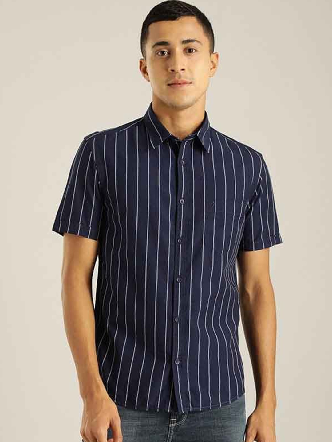 

Indian Terrain Chiseled Slim Fit Striped Pure Cotton Shirt, Blue