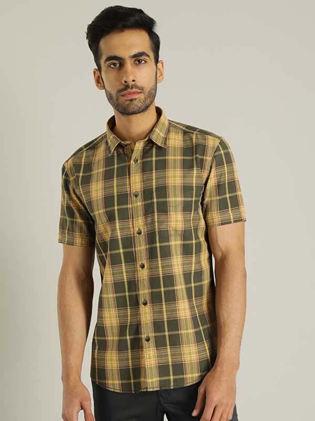

Indian Terrain Tartan Checks Chiseled Slim Fit Cotton Casual Shirt, Green