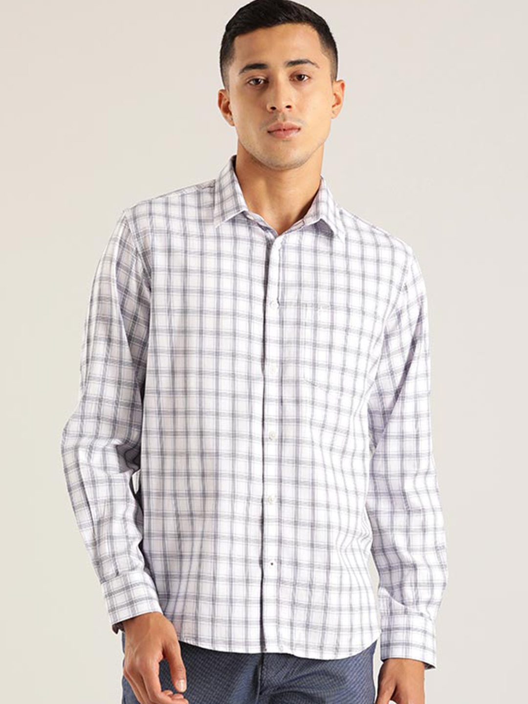 

Indian Terrain Chiseled Slim Fit Grid Tattersall Checked Pure Cotton Casual Shirt, White