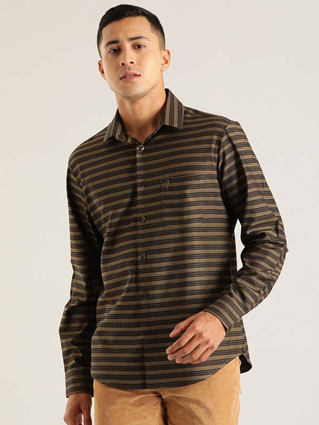 

Indian Terrain Chiseled Slim Fit Horizontal Striped Pure Cotton Casual Shirt, Brown