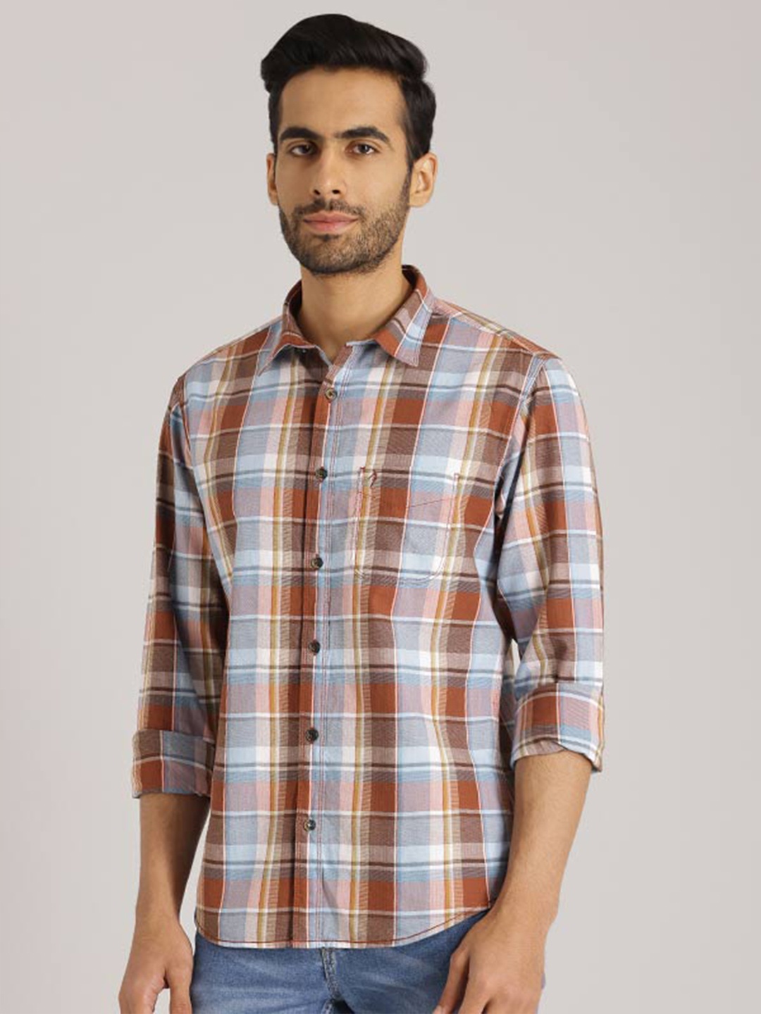 

Indian Terrain Tartan Checks Chiseled Slim Fit Cotton Casual Shirt, Brown
