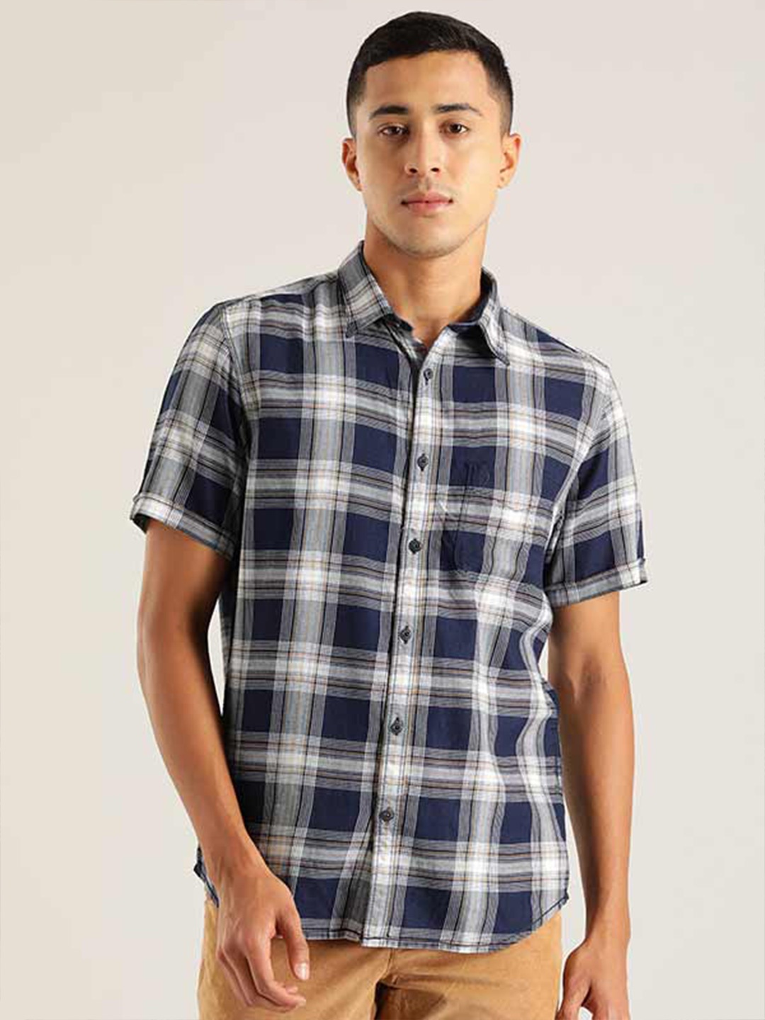 

Indian Terrain Chiseled Slim Fit Tartan Checked Pure Cotton Casual Shirt, Navy blue