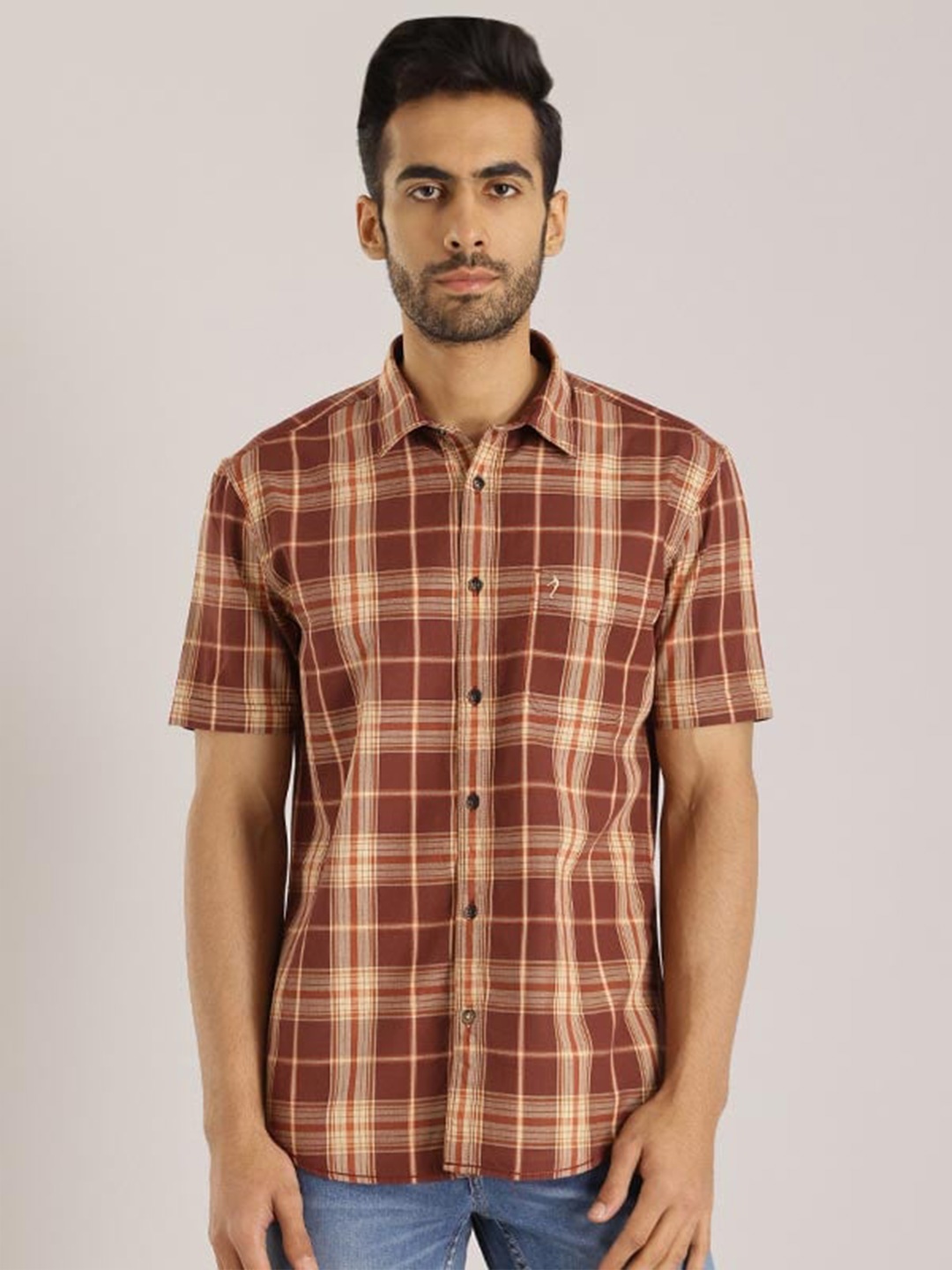

Indian Terrain Tartan Checks Chiseled Slim Fit Cotton Casual Shirt, Rust