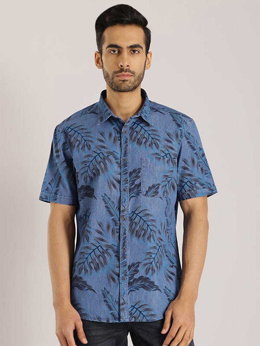 

Indian Terrain Chiseled Slim Fit Floral Printed Casual Pure Cotton Shirt, Blue