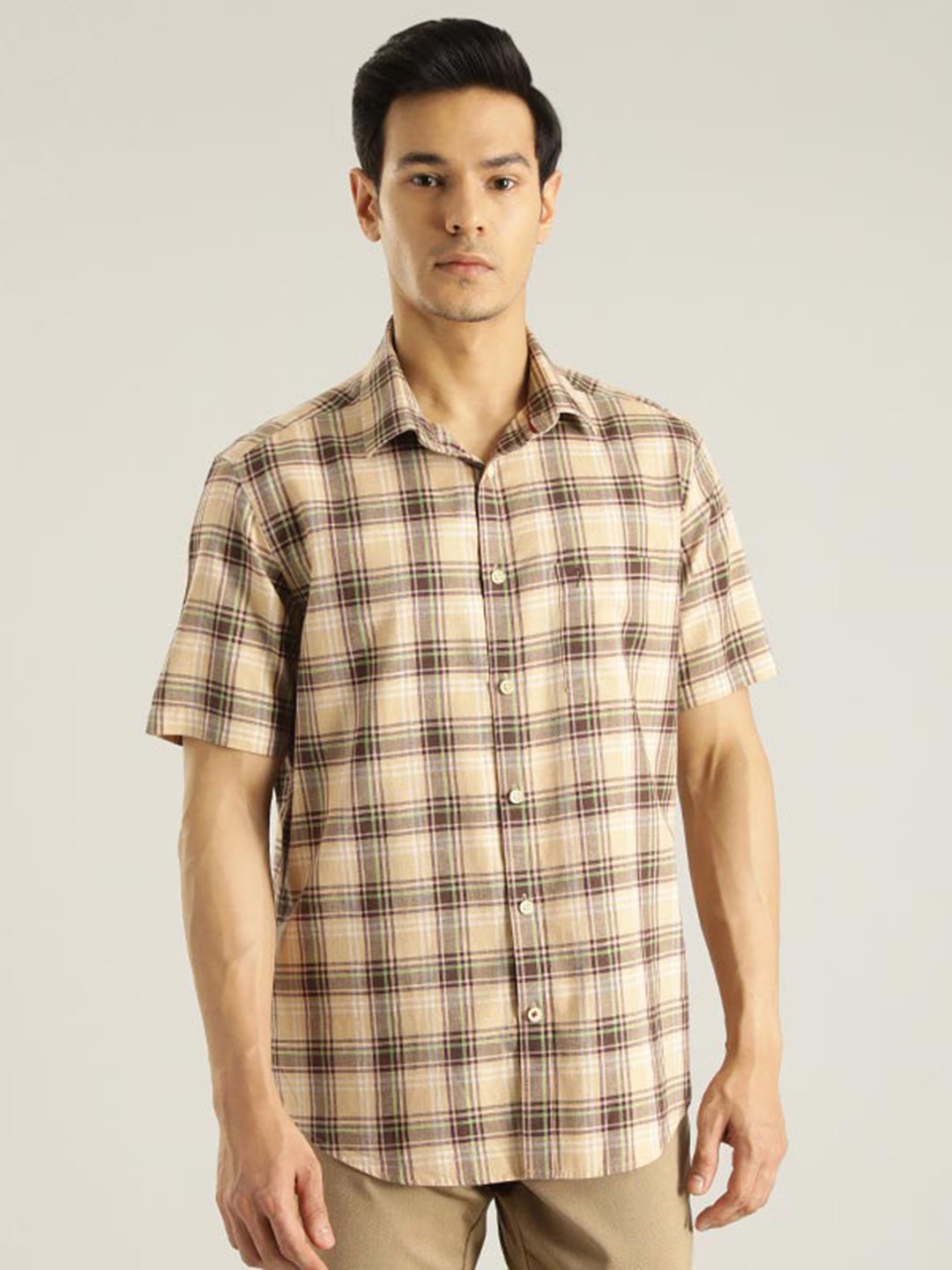 

Indian Terrain Tartan Checks Chiseled Slim Fit Cotton Casual Shirt, Brown