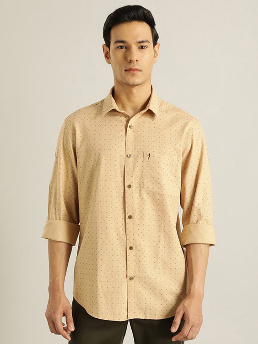 

Indian Terrain Chiseled Slim Fit Micro Ditsy Printed Pure Cotton Casual Shirt, Beige