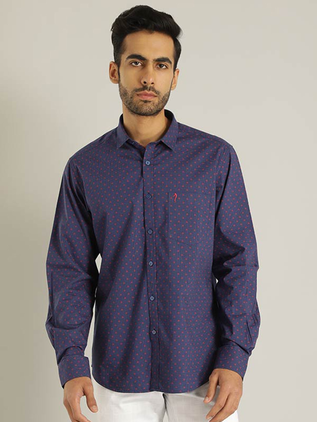 

Indian Terrain Chiseled Slim Fit Polka Dot Printed Pure Cotton Shirt, Navy blue