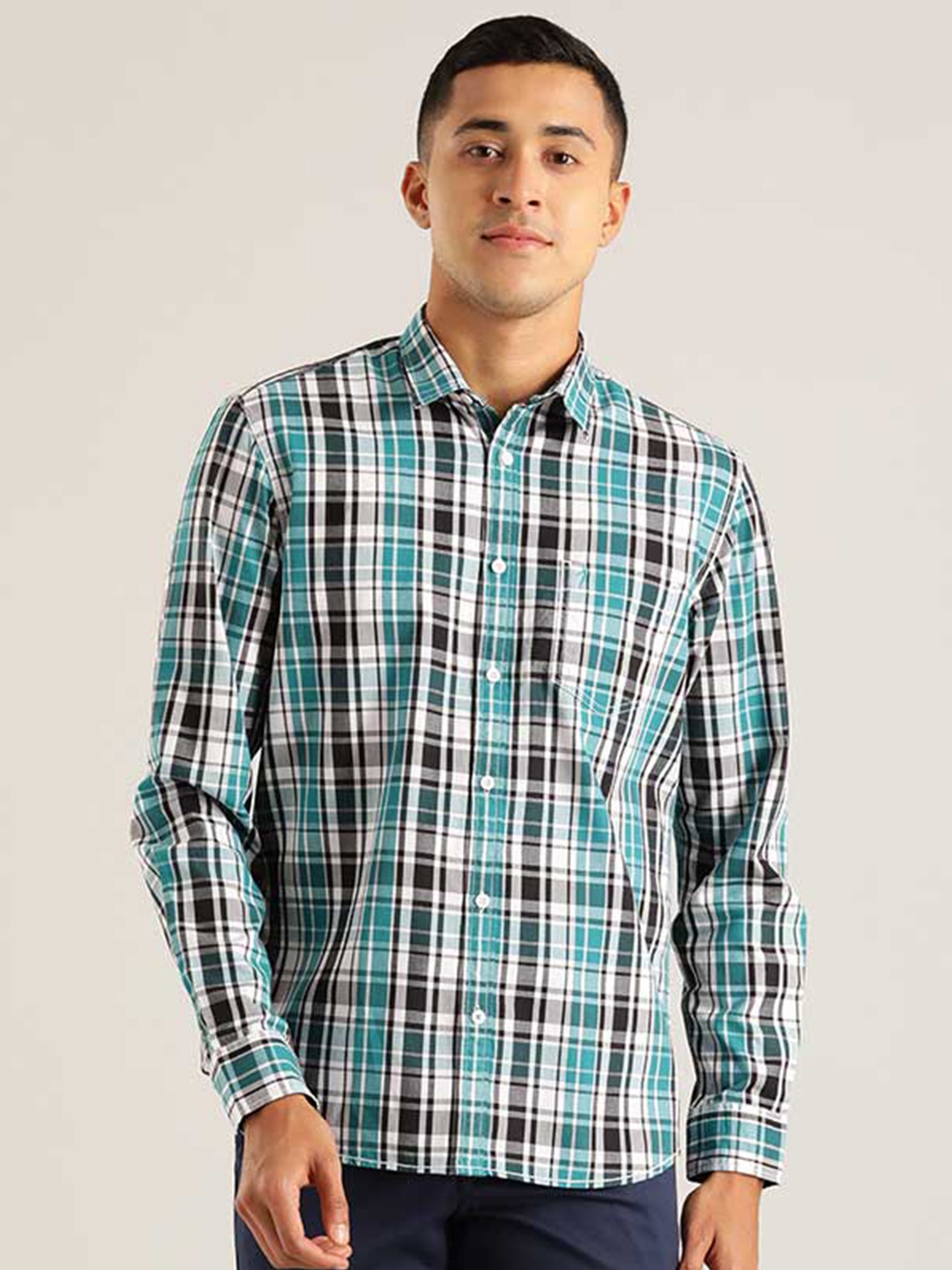 

Indian Terrain Chiseled Slim Fit Checked Cotton Casual Shirt, Green