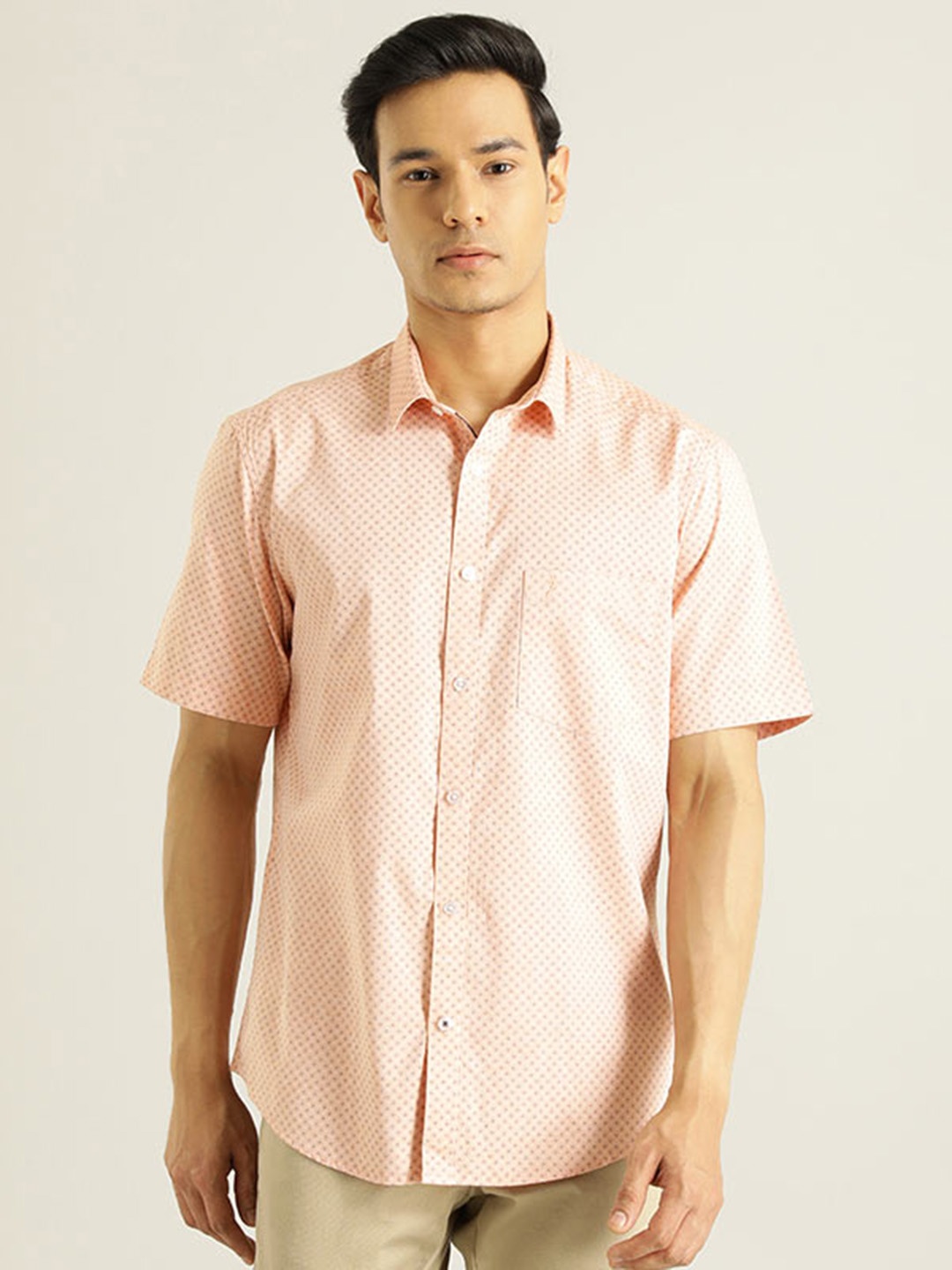 

Indian Terrain Men Chiseled Micro Ditsy Printed Slim Fit Pure Cotton Casual Shirt, Peach