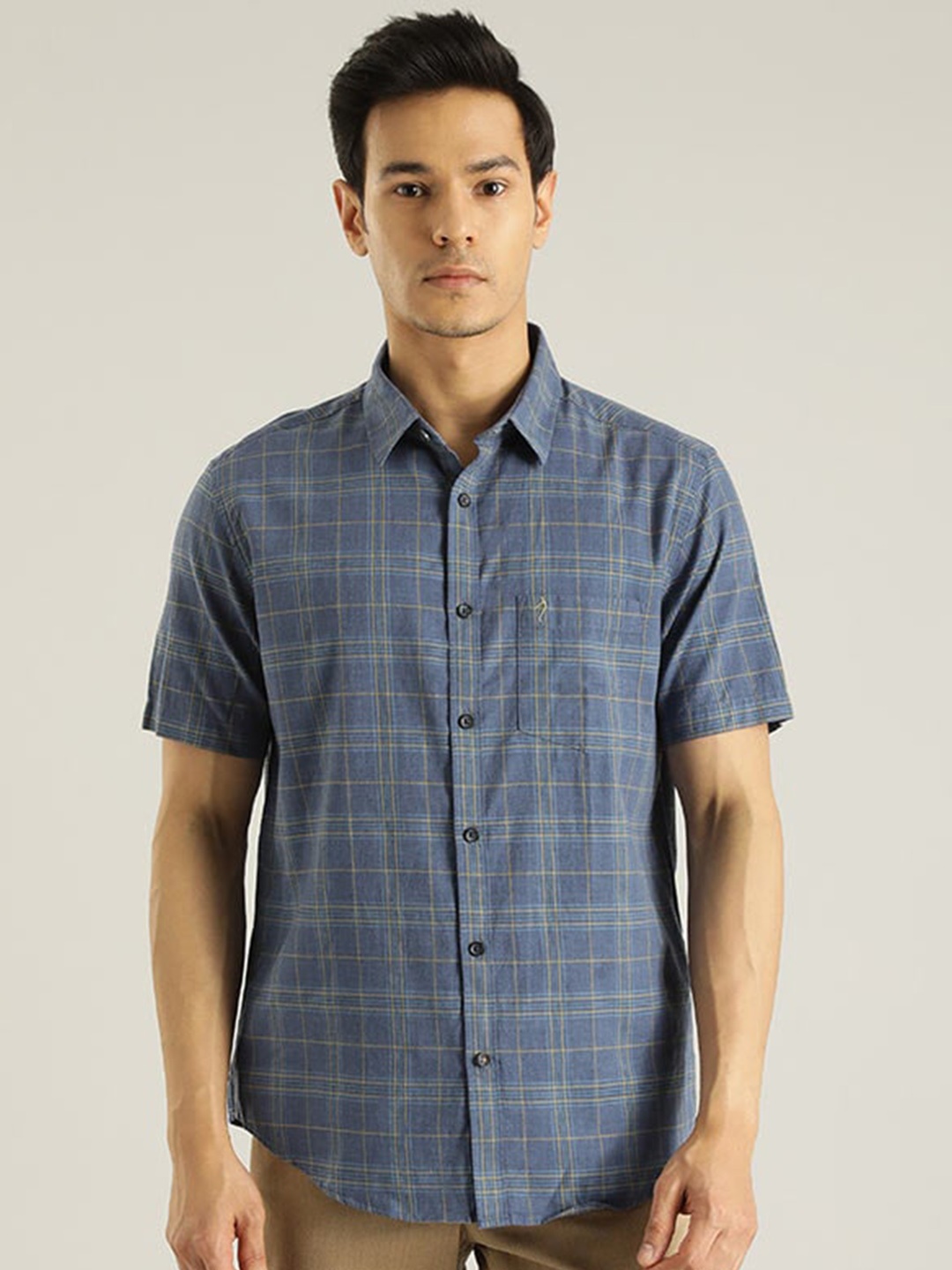 

Indian Terrain Chiseled Slim Fit Tartan Checked Pure Cotton Shirt, Blue
