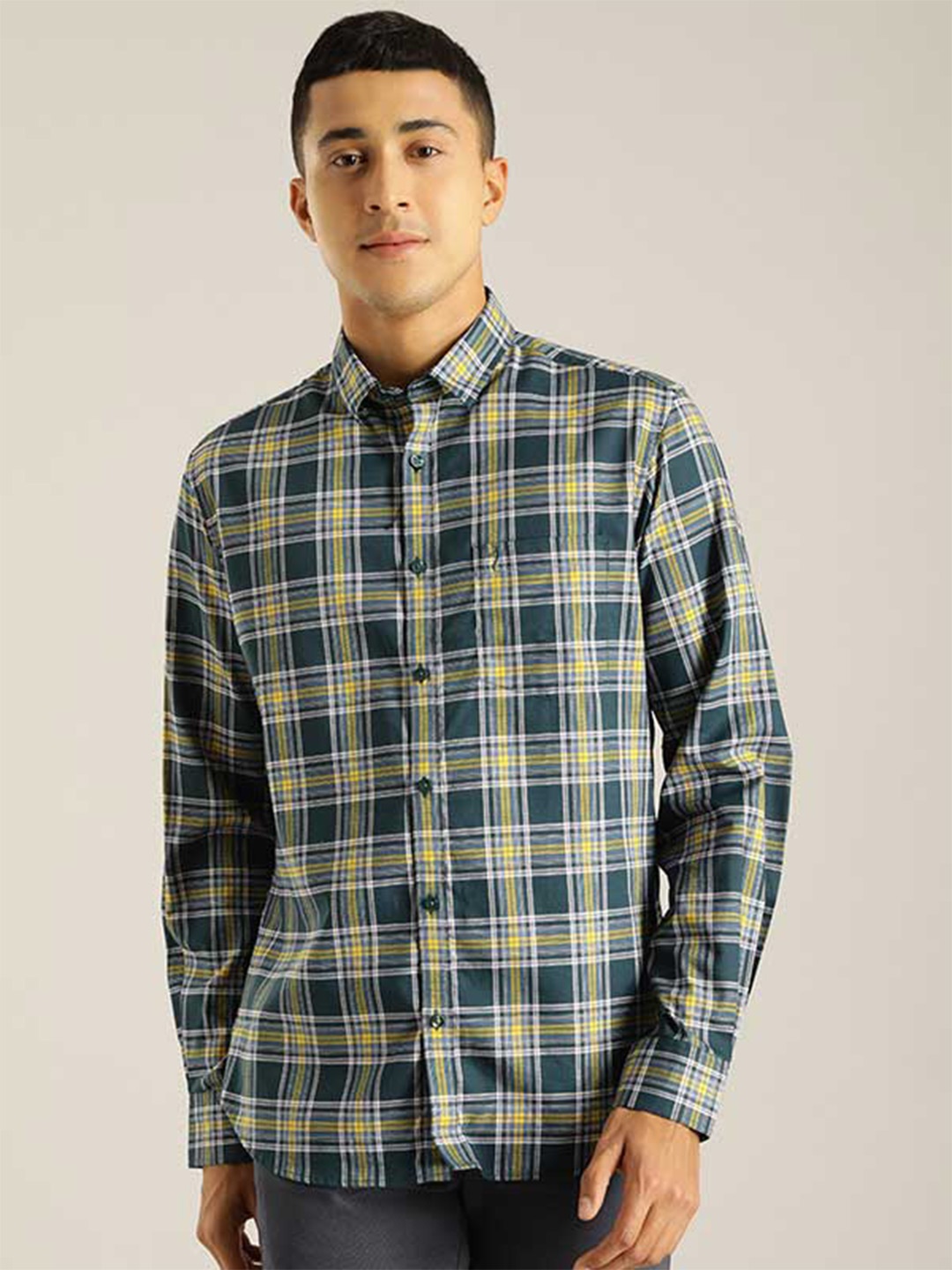 

Indian Terrain Chiseled Slim Fit Tartan Checked Casual Cotton Shirt, Green