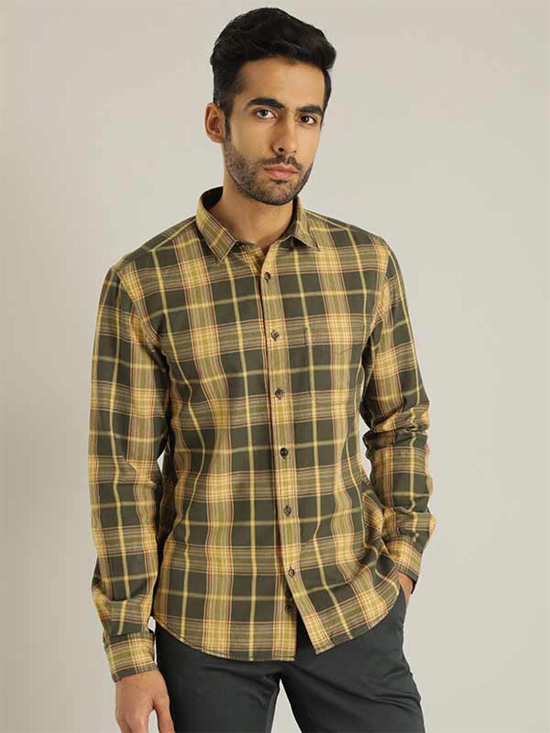 

Indian Terrain Chiseled Slim Fit Tartan Checked Pure Cotton Shirt, Olive