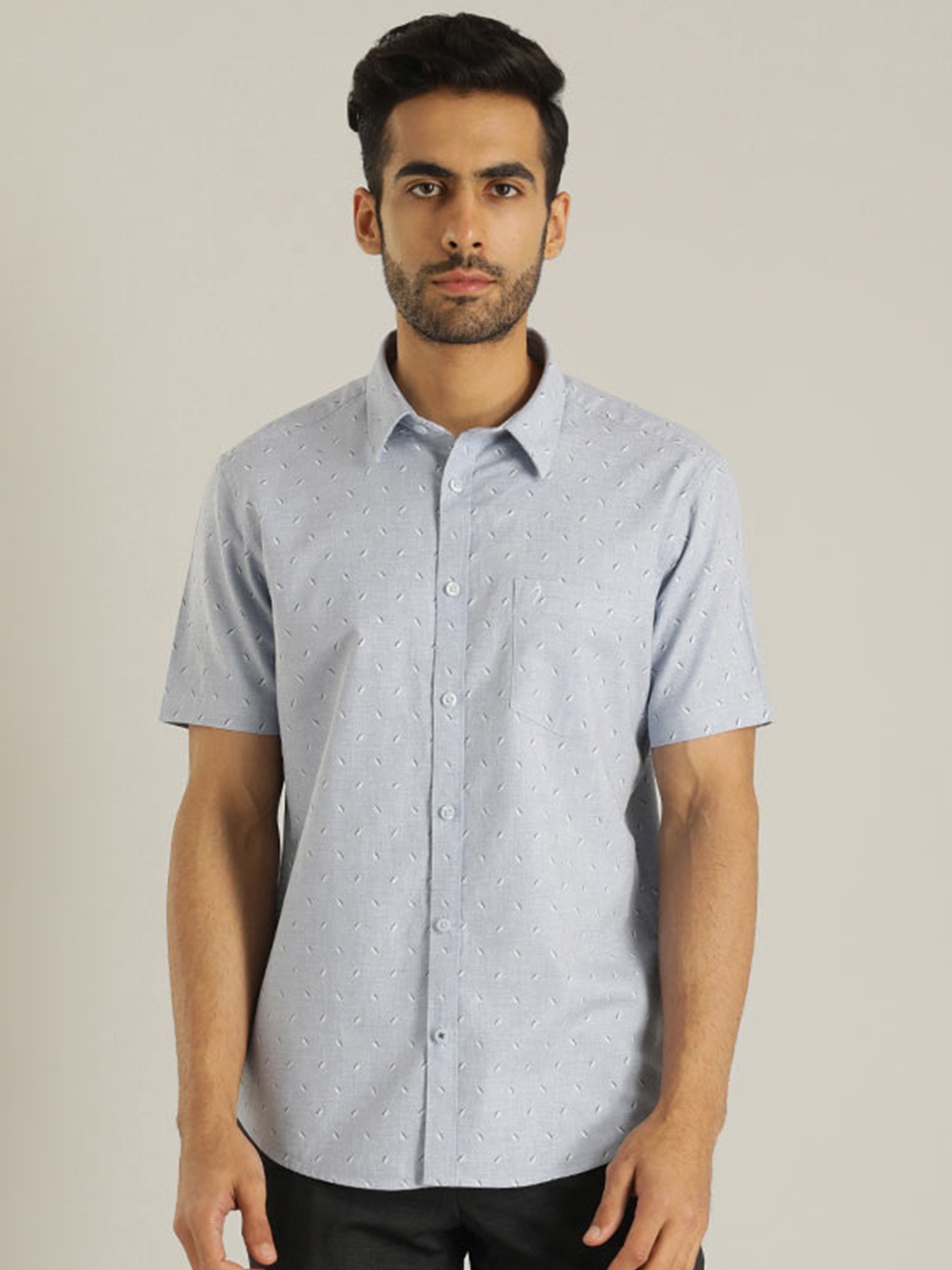 

Indian Terrain Chiseled Slim Fit Micro Disty Printed Pure Cotton Shirt, Blue