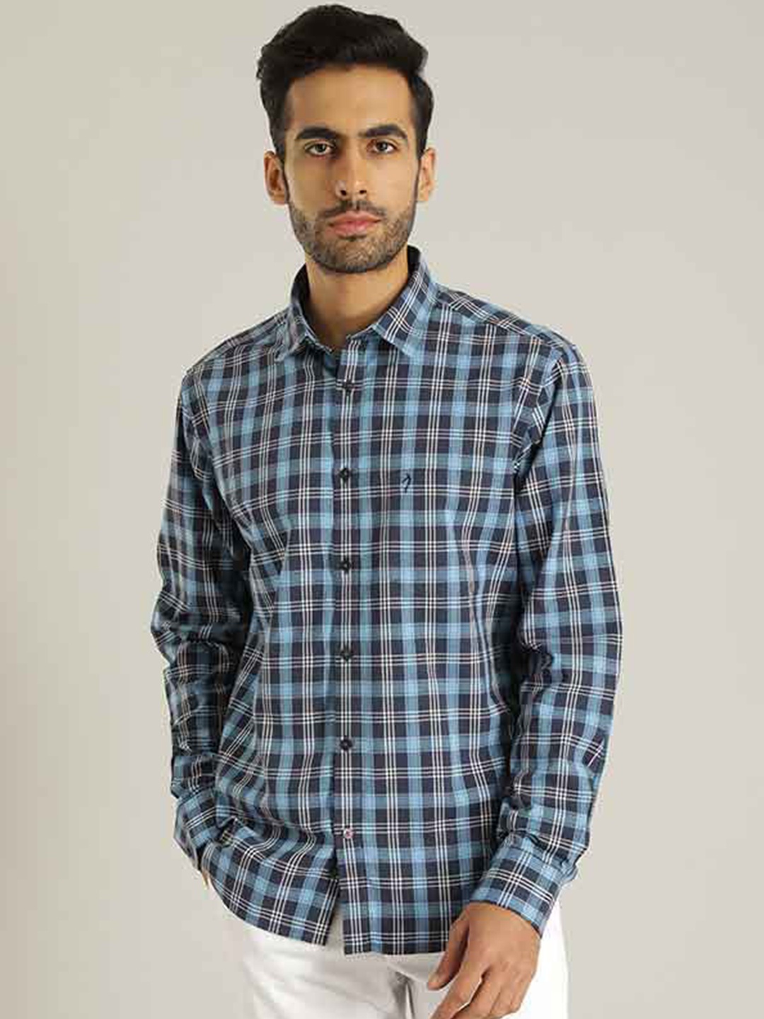 

Indian Terrain Chiseled Slim Fit Tartan Checked Pure Cotton Shirt, Blue
