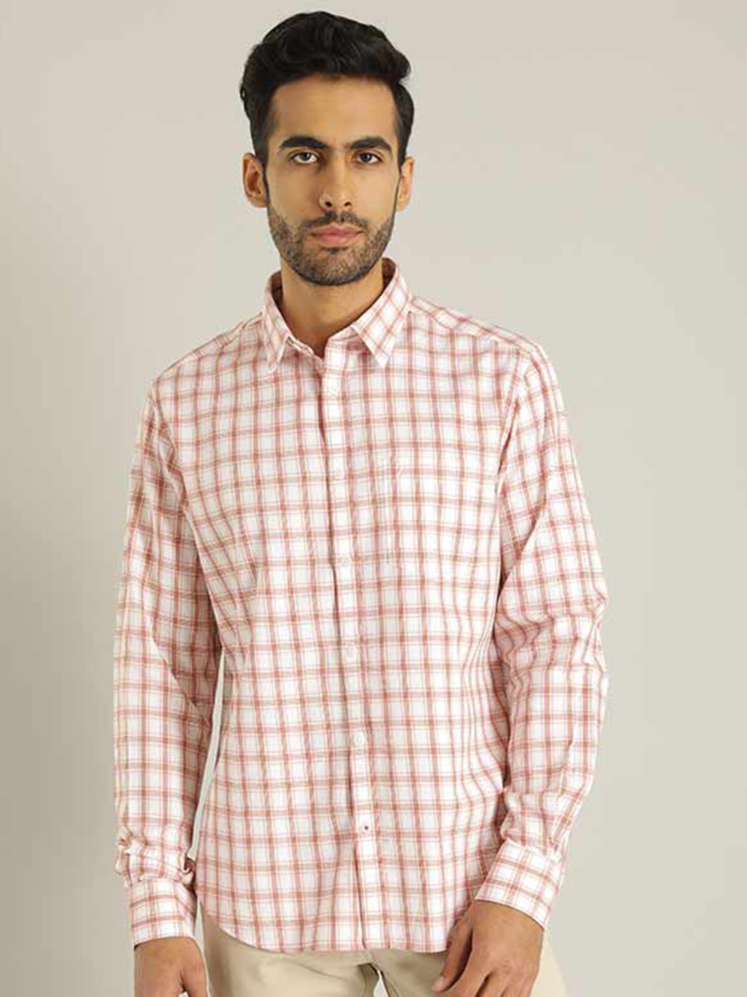 

Indian Terrain Chiseled Slim Fit Grid Tattersall Checked Pure Cotton Shirt, Peach