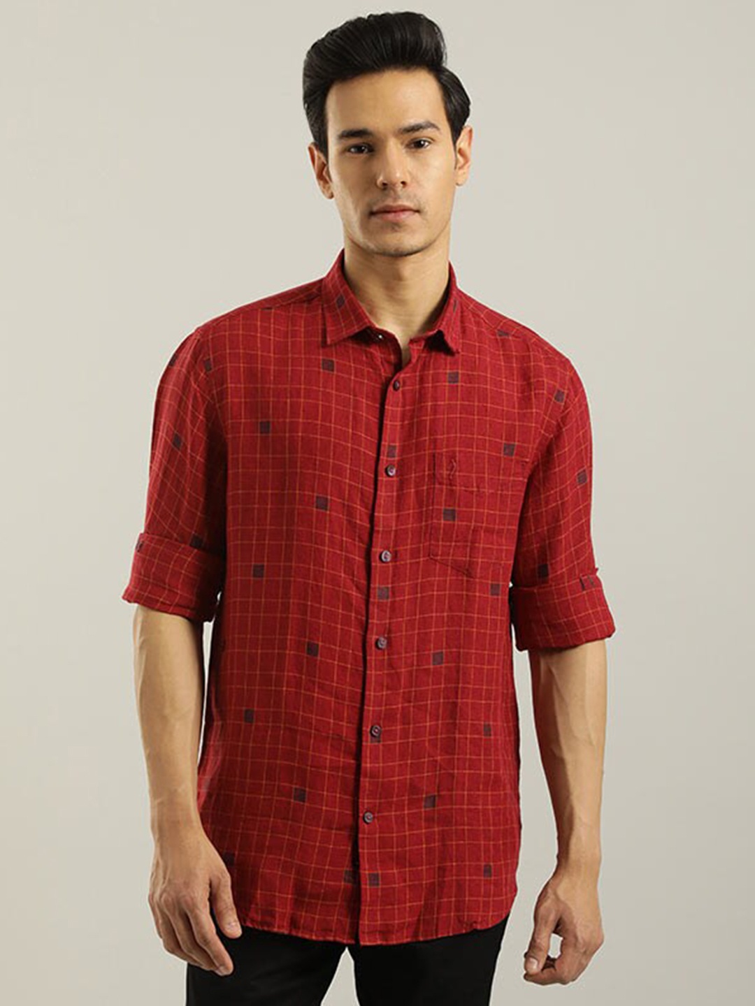 

Indian Terrain Chiseled Slim Fit Checked Pure Cotton Casual Shirt, Red