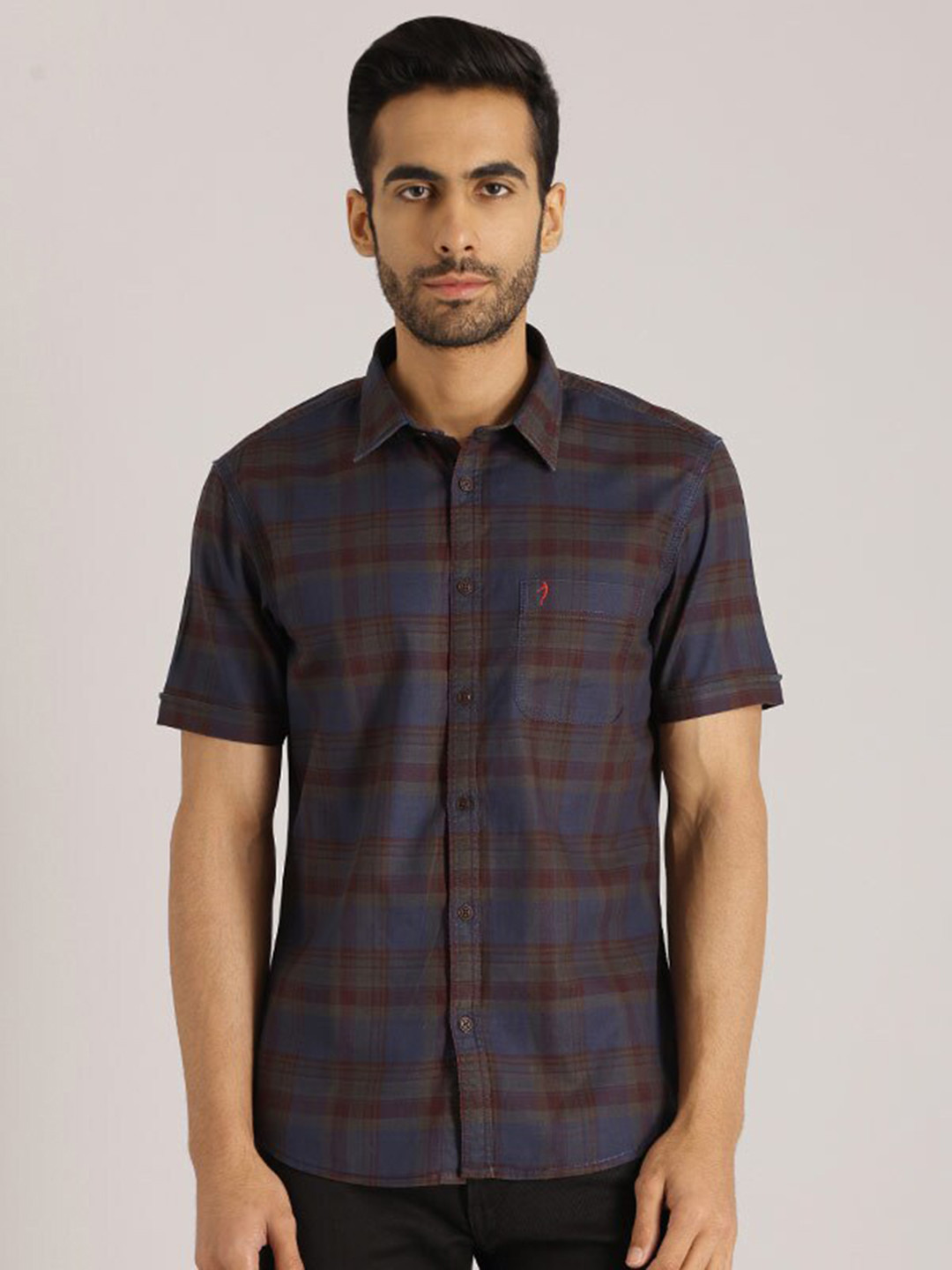 

Indian Terrain Chiseled Slim Fit Tartan Checked Pure Cotton Casual Shirt, Navy blue